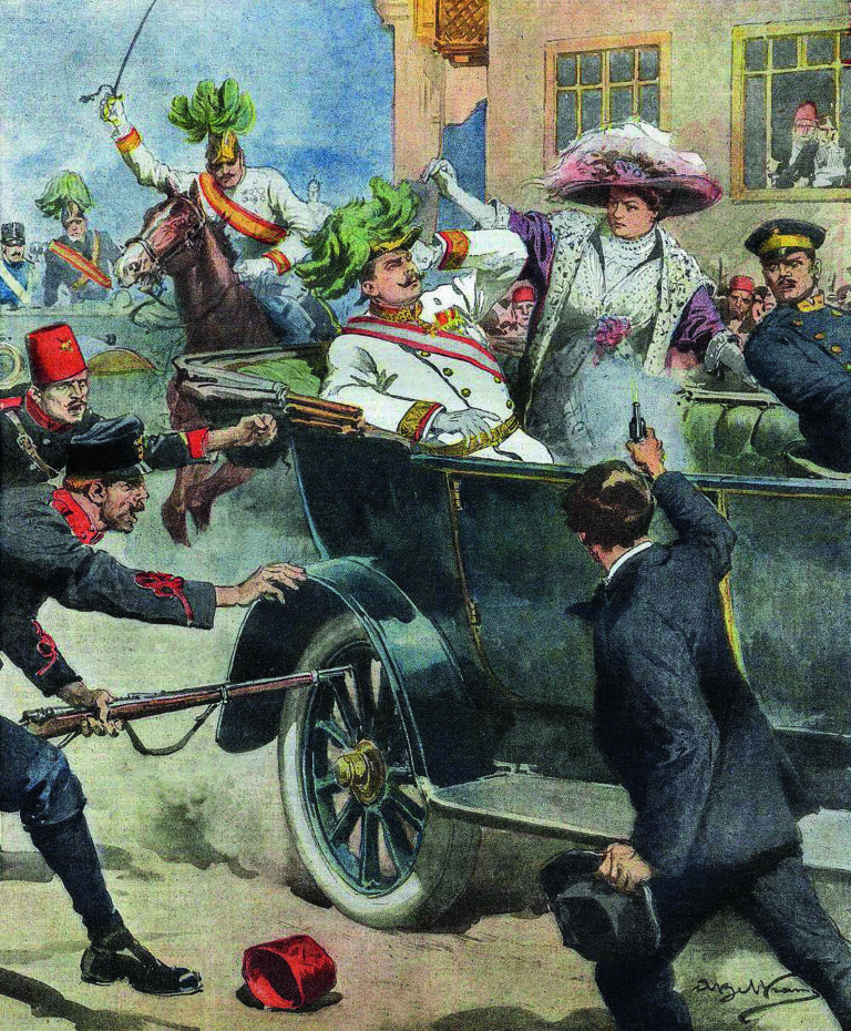 2K3J79B An illustration from July 1914 by Achille Beltrame of the  event widely acknowledged to have sparked the outbreak of World War I. Archduke Franz Ferdinand, nephew of Emperor Franz Josef and heir to the Austro-Hungarian Empire, shot to death along with his wife by 19-year-old Gavrilo Princip, a Serbian nationalist in Sarajevo, Bosnia, on June 28, 1914.