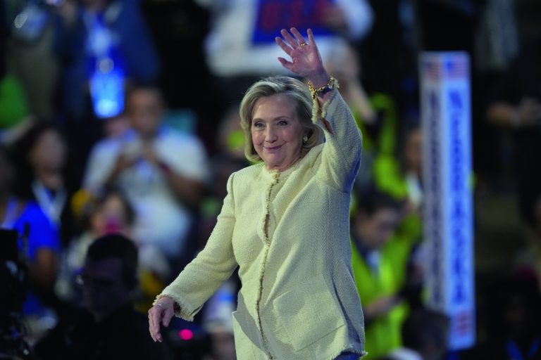 Hillary Clinton speaks during the Democratic National Convention Monday, Aug. 19, 2024, in Chicago. (AP Photo/Charles Rex Arbogast)